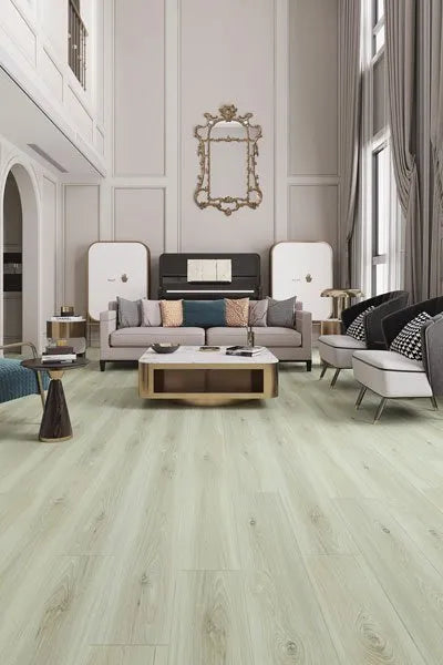 Profile view of Seashell Urban Laminate Floors 12mm in Seashell Urban colour neutral tone flooring sample