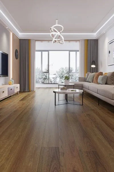 Full view of Spotted Gum Urban Laminate Floors 12mm in Spotted Gum colour warm tone flooring sample