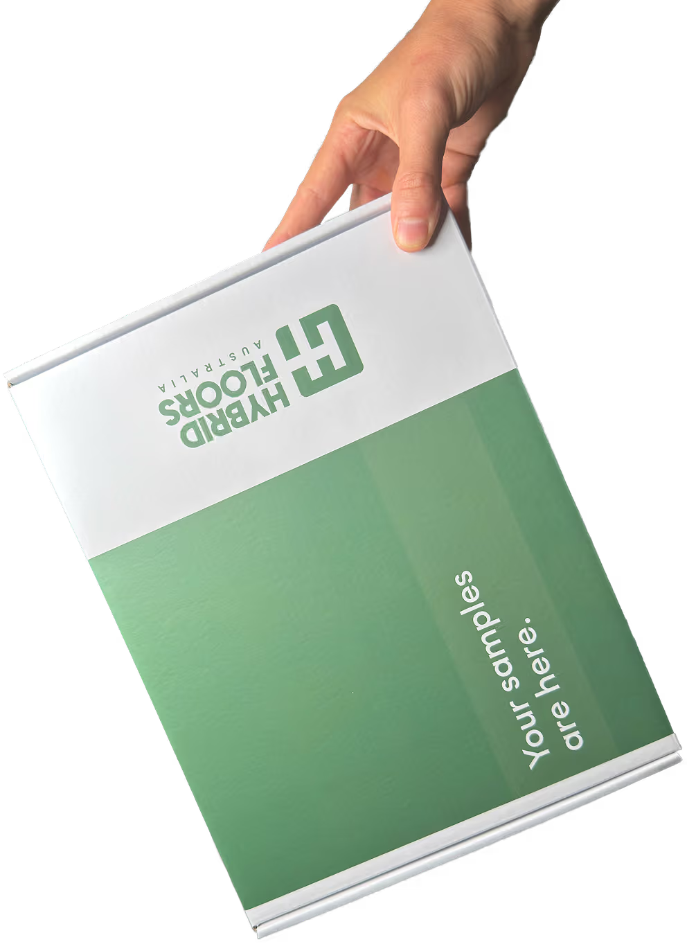 Green and white sample book with 'HF Floors' logo held by a hand on a transparent background