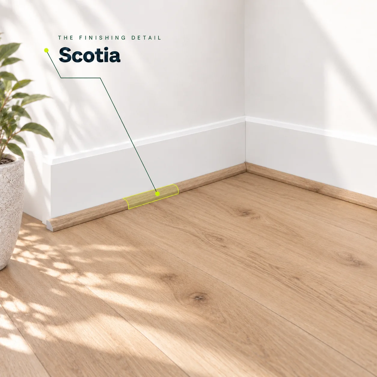 Raw Neutral scotia highlighted where matching flooring meets white skirting boards
