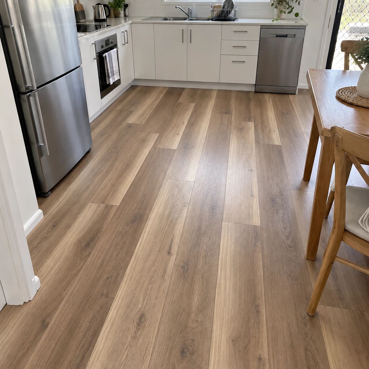 Natural Spotted Gum 9.5mm hybrid plank flooring in an Australian kitchen