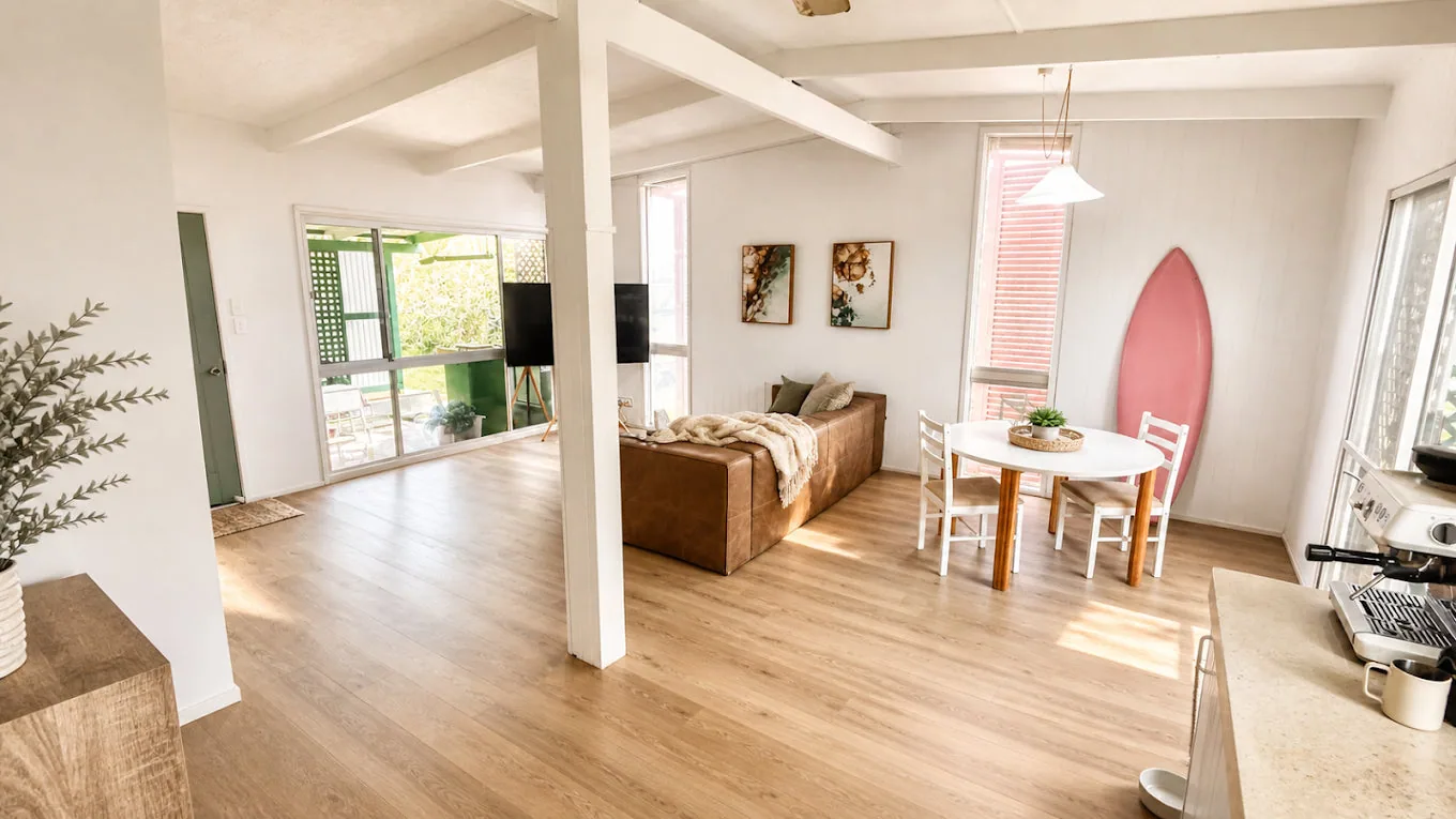 Open-plan living room with Pale Sand hybrid flooring
