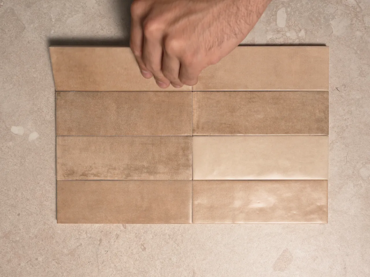 Chroma Caramel matte 52x160mm subway wall tiles shown in a five-second video