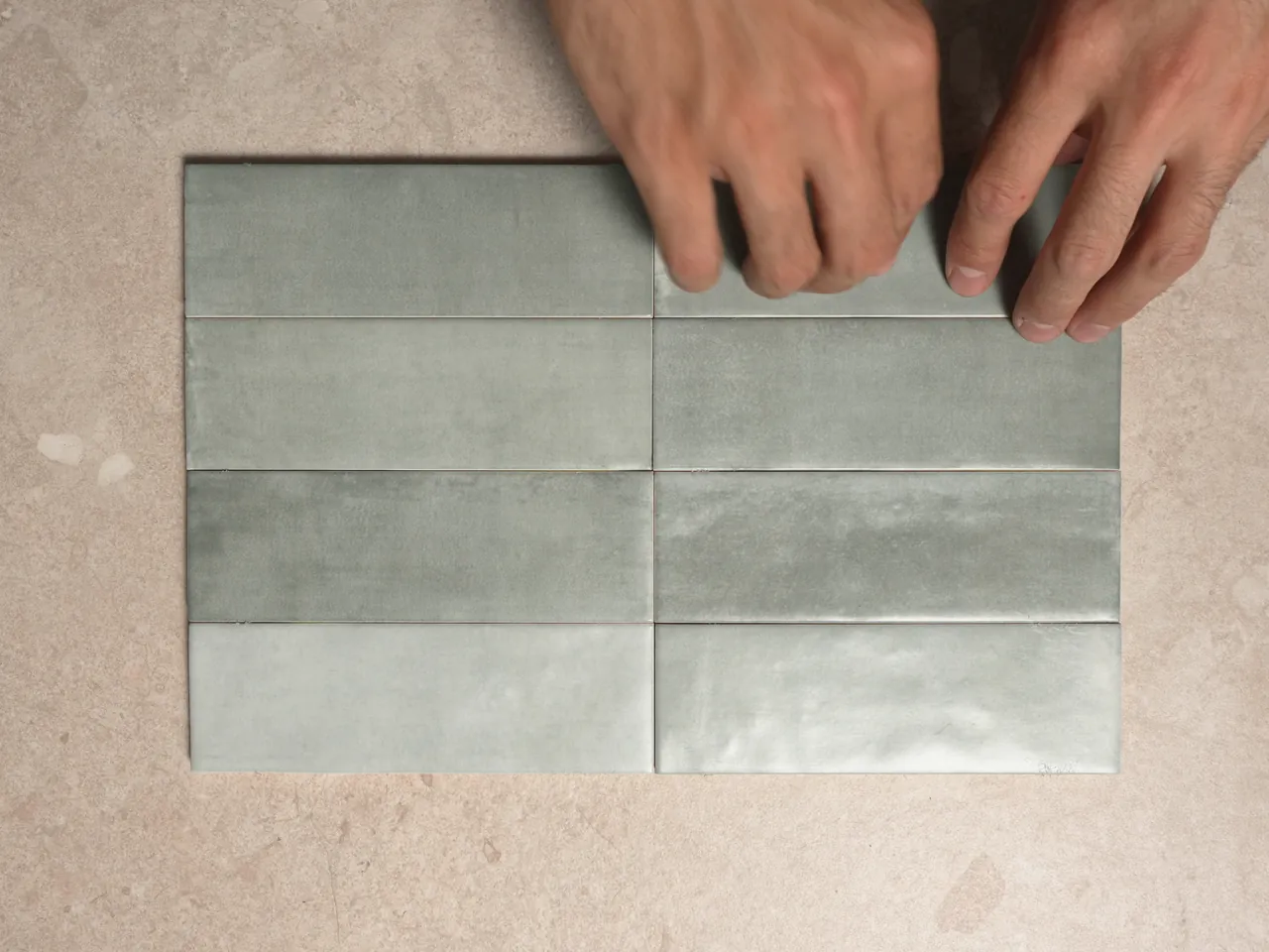 Chroma Celadon matte 52x160mm subway wall tiles shown in a five-second video